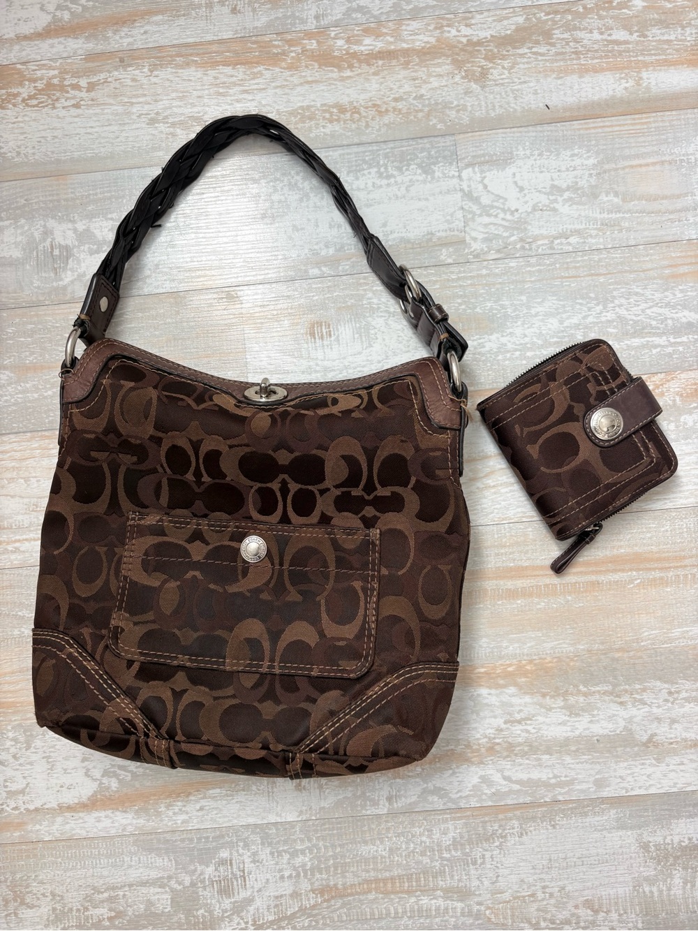 Coach Brown Signature Jacquard Shoulder Bag with Matching Wallet